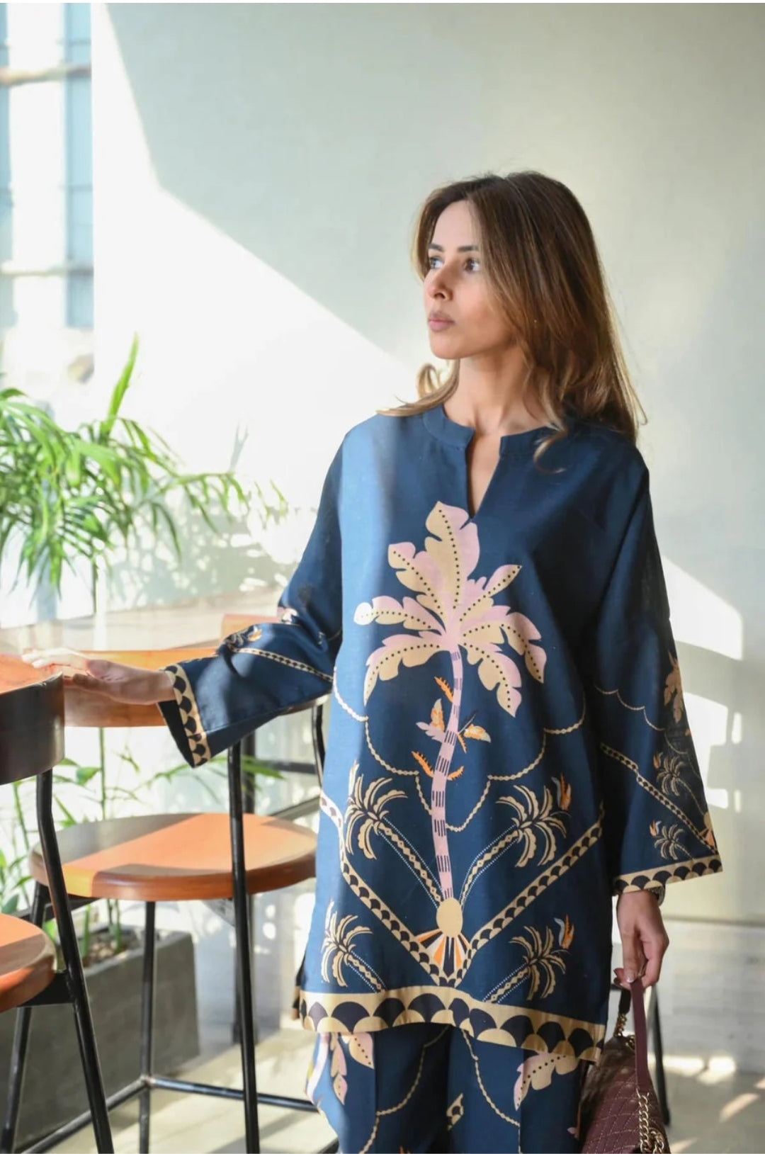 Tropical Palm Print Cotton Co-ord Set – Blue S-29